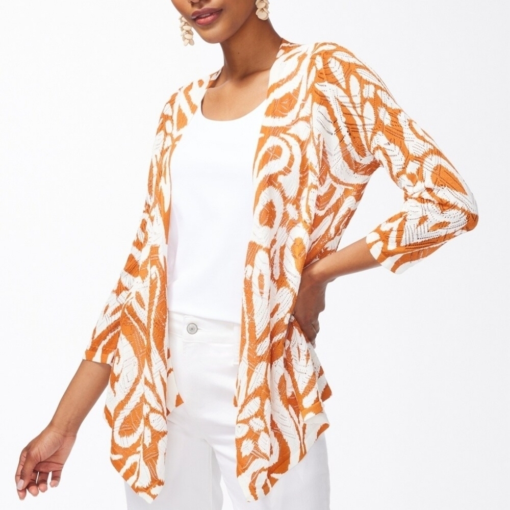 Chicos sz 2 Summer Romance Abstract Cardigan orange and cream sz large